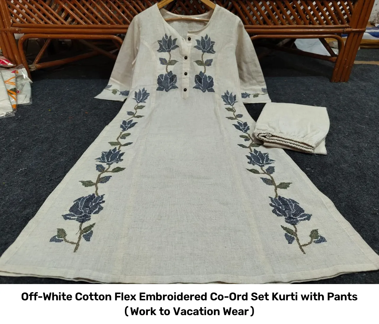 Off-White Cotton Flex Embroidered Co-Ord Set – Kurti with Pants (Work to Vacation Wear) 6