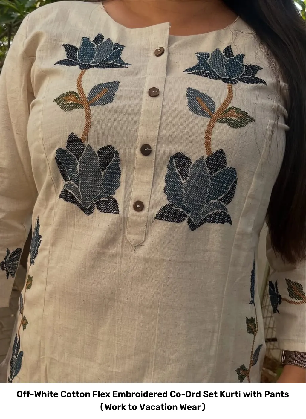 Off-White Cotton Flex Embroidered Co-Ord Set – Kurti with Pants (Work to Vacation Wear) 7