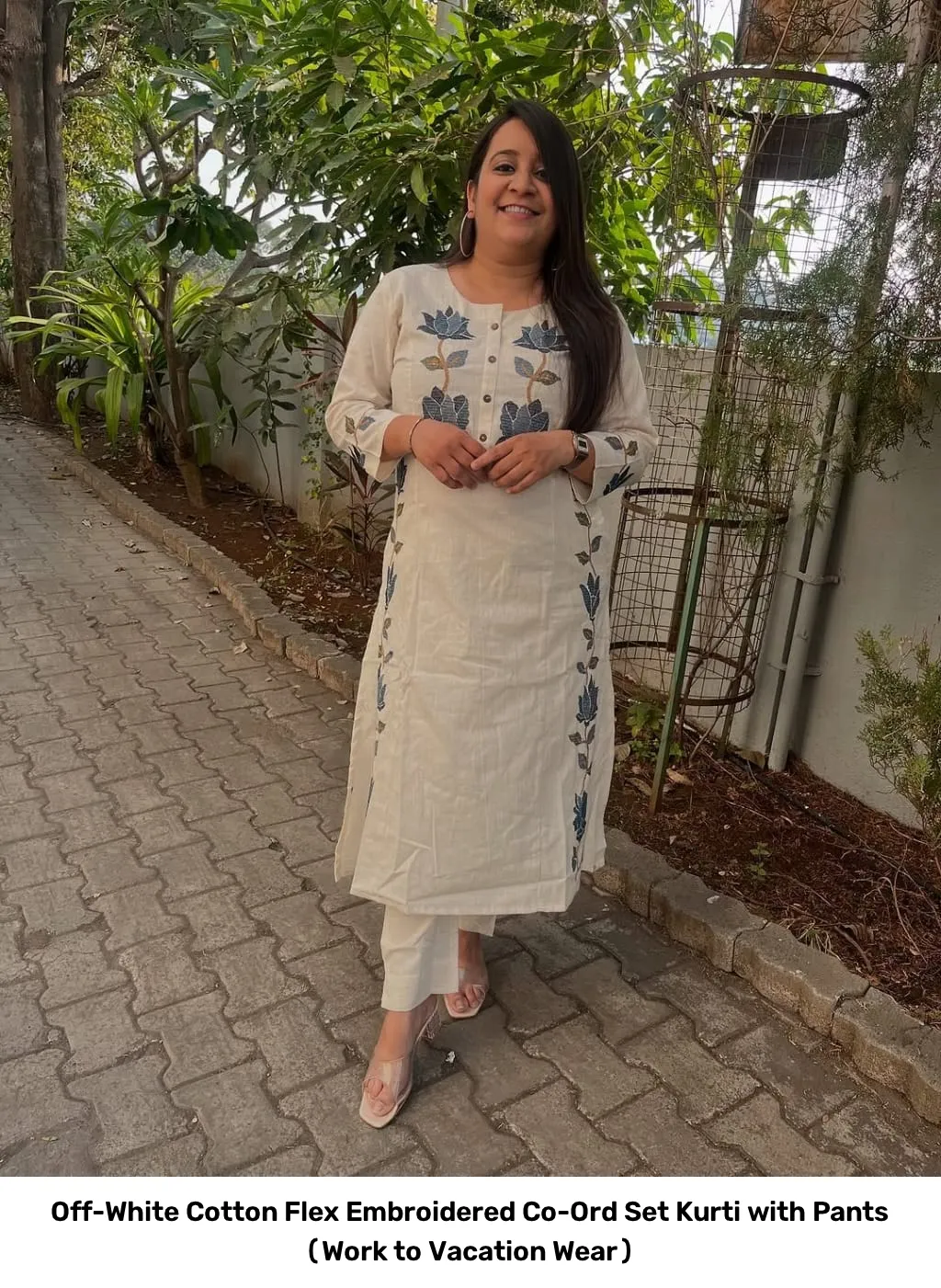 Off-White Cotton Flex Embroidered Co-Ord Set – Kurti with Pants (Work to Vacation Wear) 8