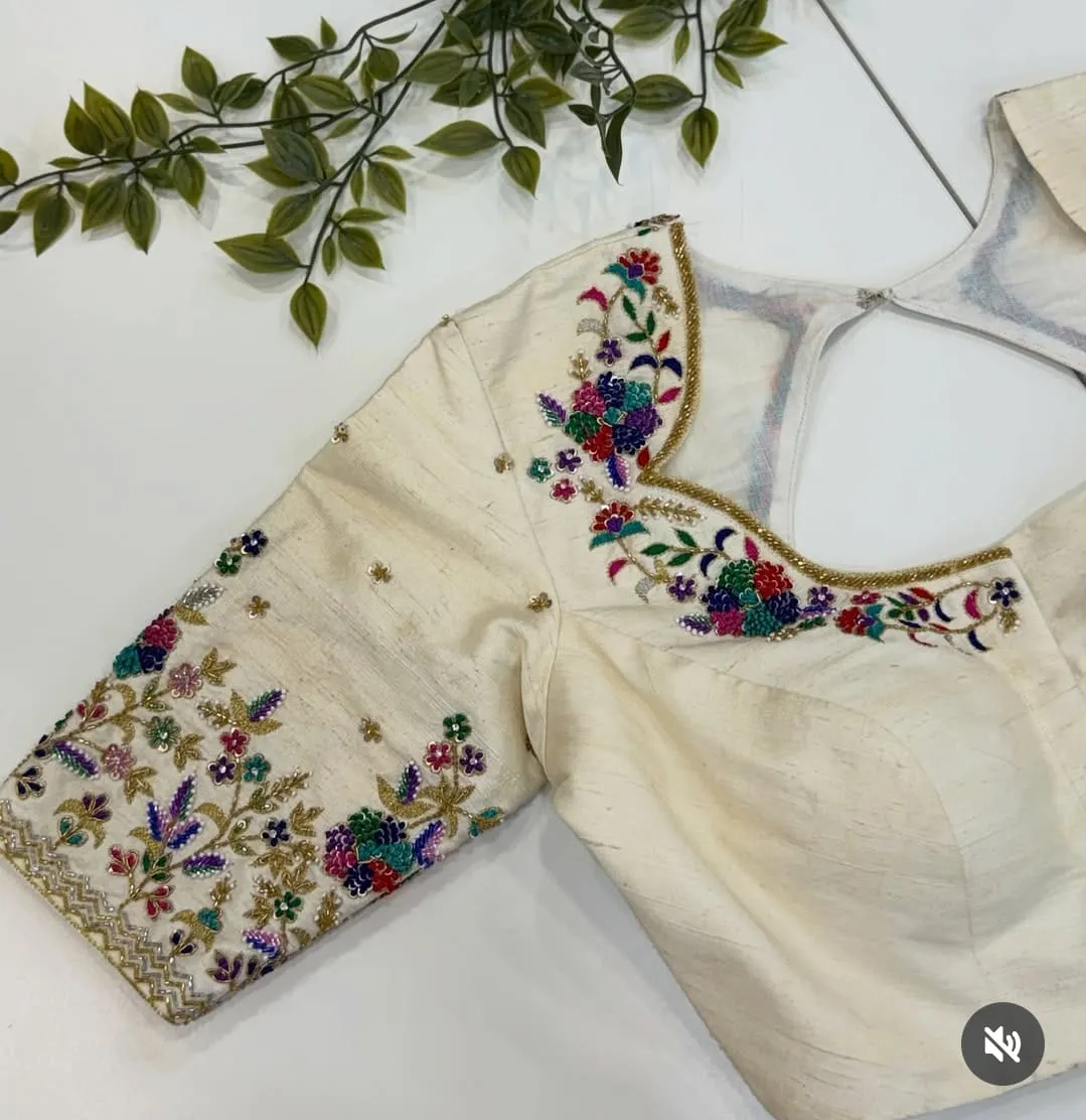 Off White Floral Aari Work Blouse