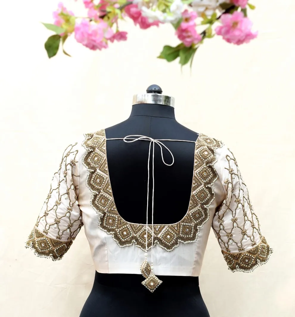 Off-White Raw Silk Blouse with Geometric Maggam Work
