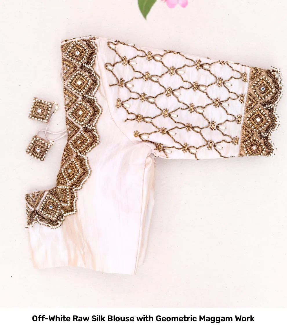 Off-White Raw Silk Blouse with Geometric Maggam Work 2