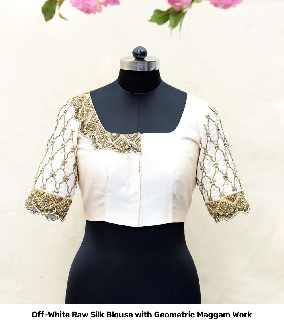 Off-White Raw Silk Blouse with Geometric Maggam Work 3
