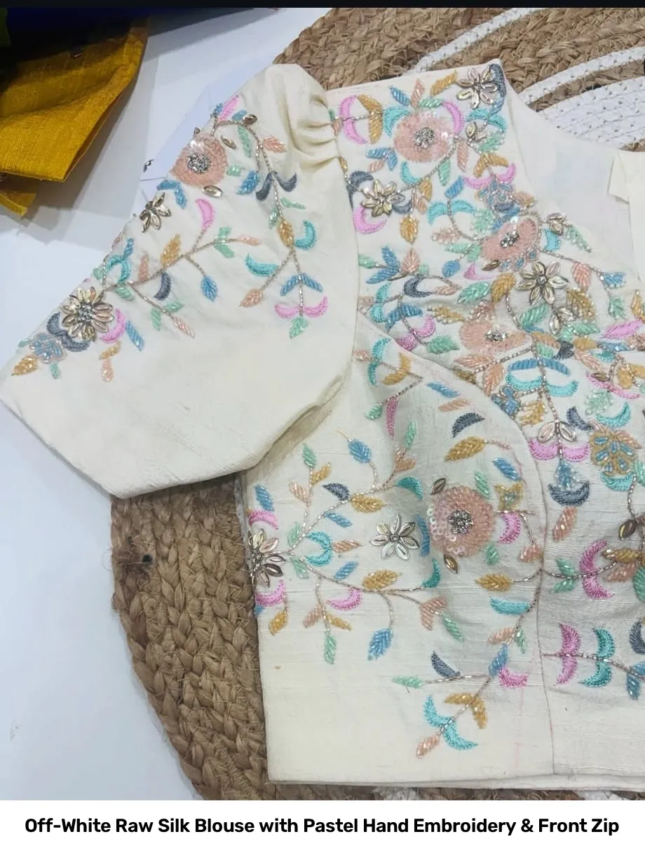 Off-White Raw Silk Blouse with Pastel Hand Embroidery & Front Zip 2