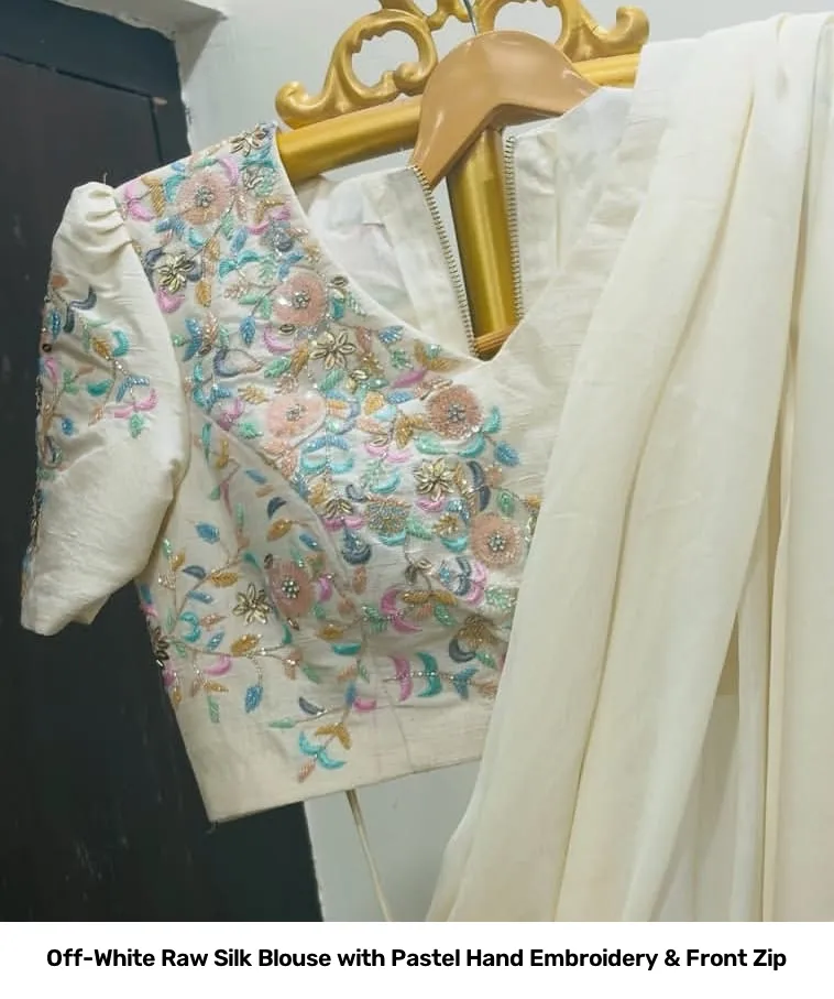 Off-White Raw Silk Blouse with Pastel Hand Embroidery & Front Zip 3