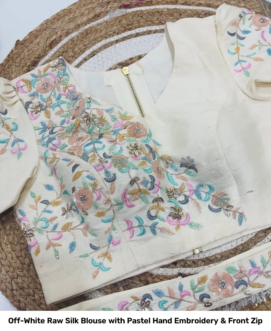 Off-White Raw Silk Blouse with Pastel Hand Embroidery & Front Zip 4