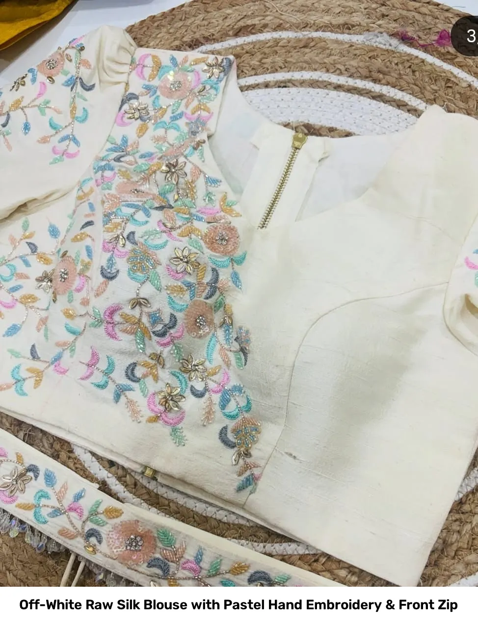 Off-White Raw Silk Blouse with Pastel Hand Embroidery & Front Zip 5