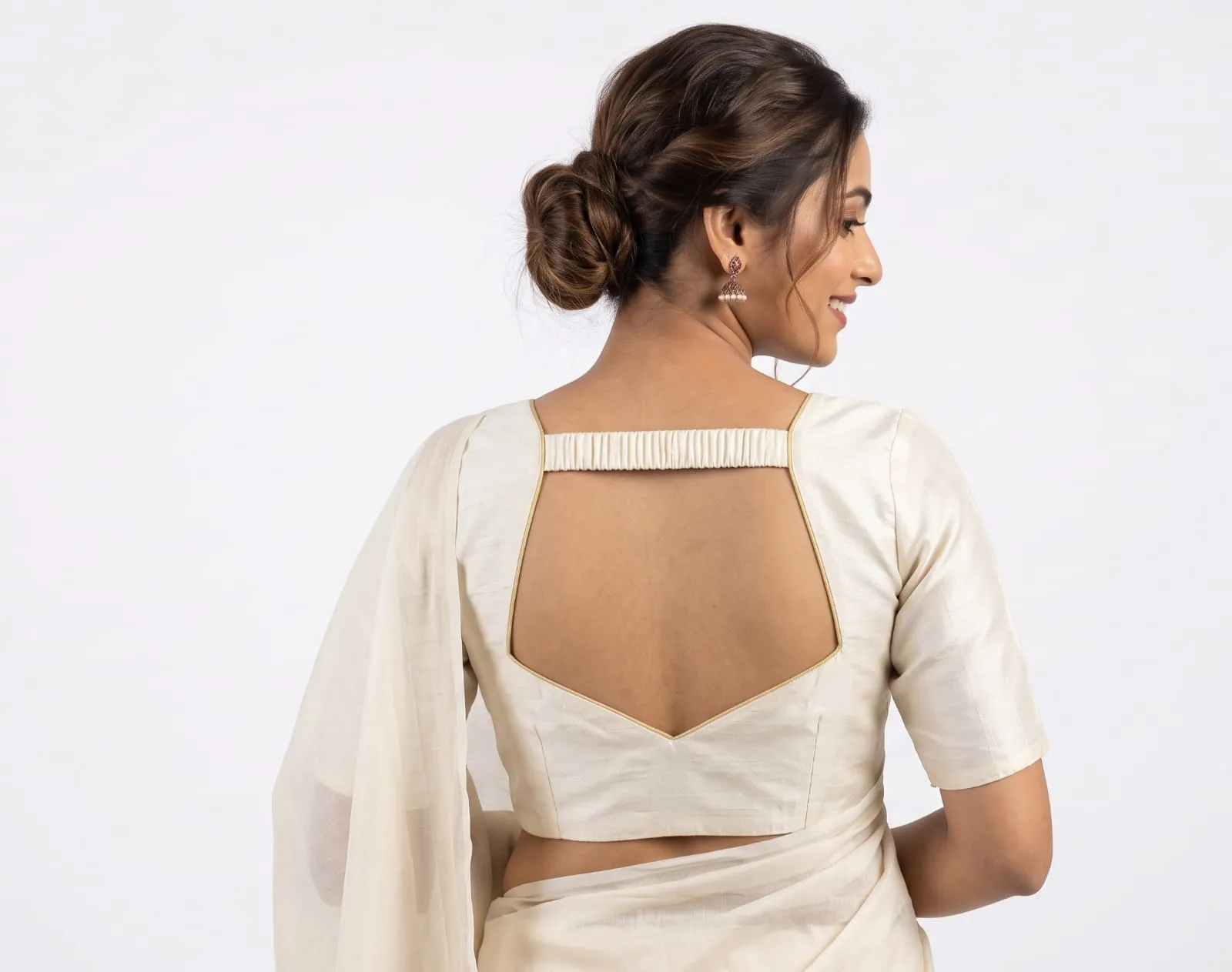 Off-White Raw Silk Cutout Back Blouse Pleated Strap Saree Blouse