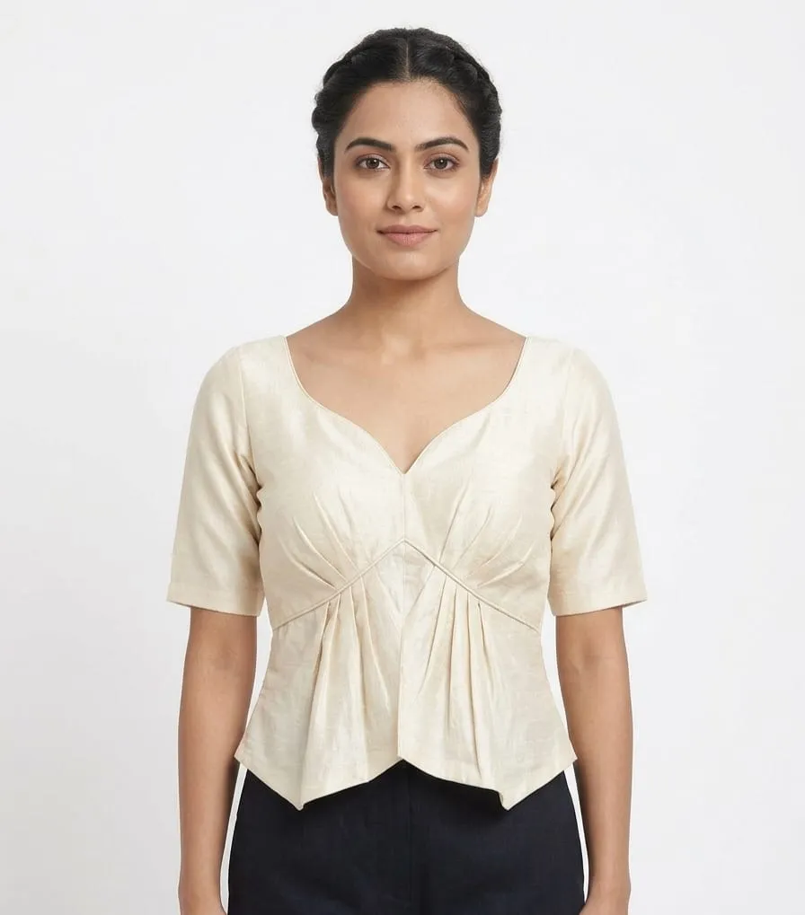 Off-White Raw Silk Peplum Blouse with Sweetheart Neck & Back Zip Closure