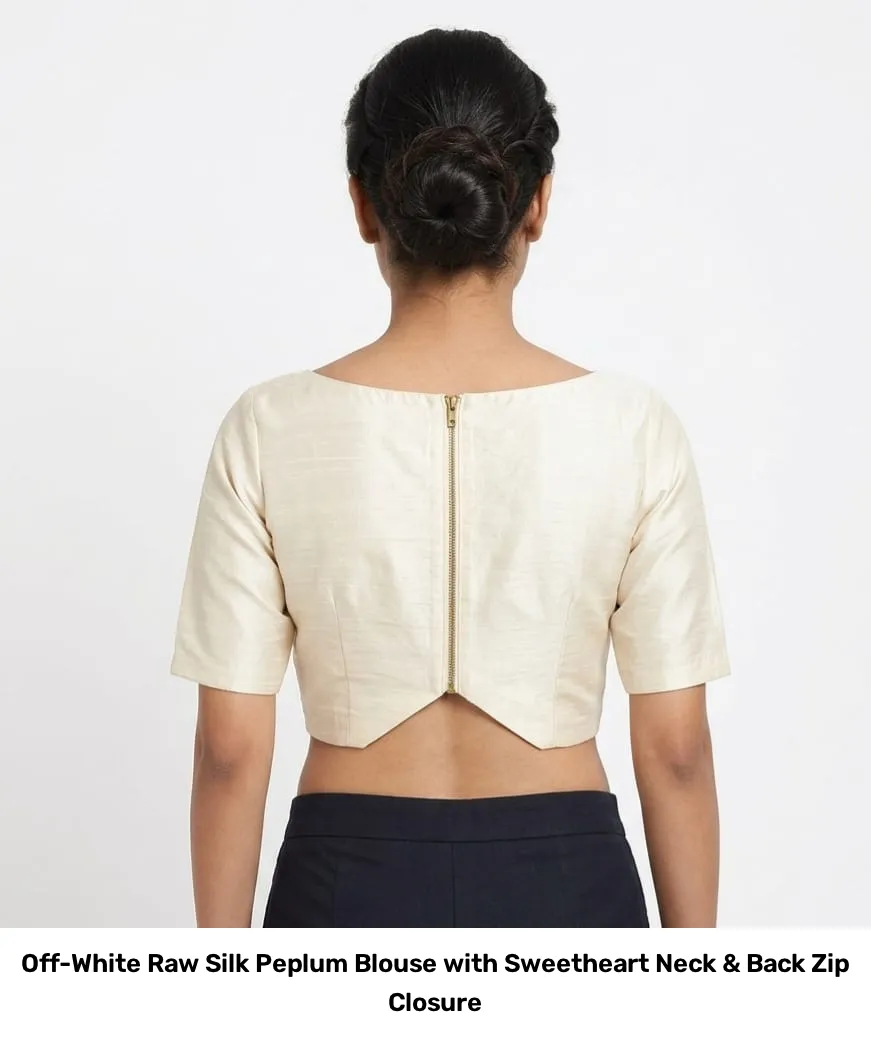 Off-White Raw Silk Peplum Blouse with Sweetheart Neck & Back Zip Closure 2
