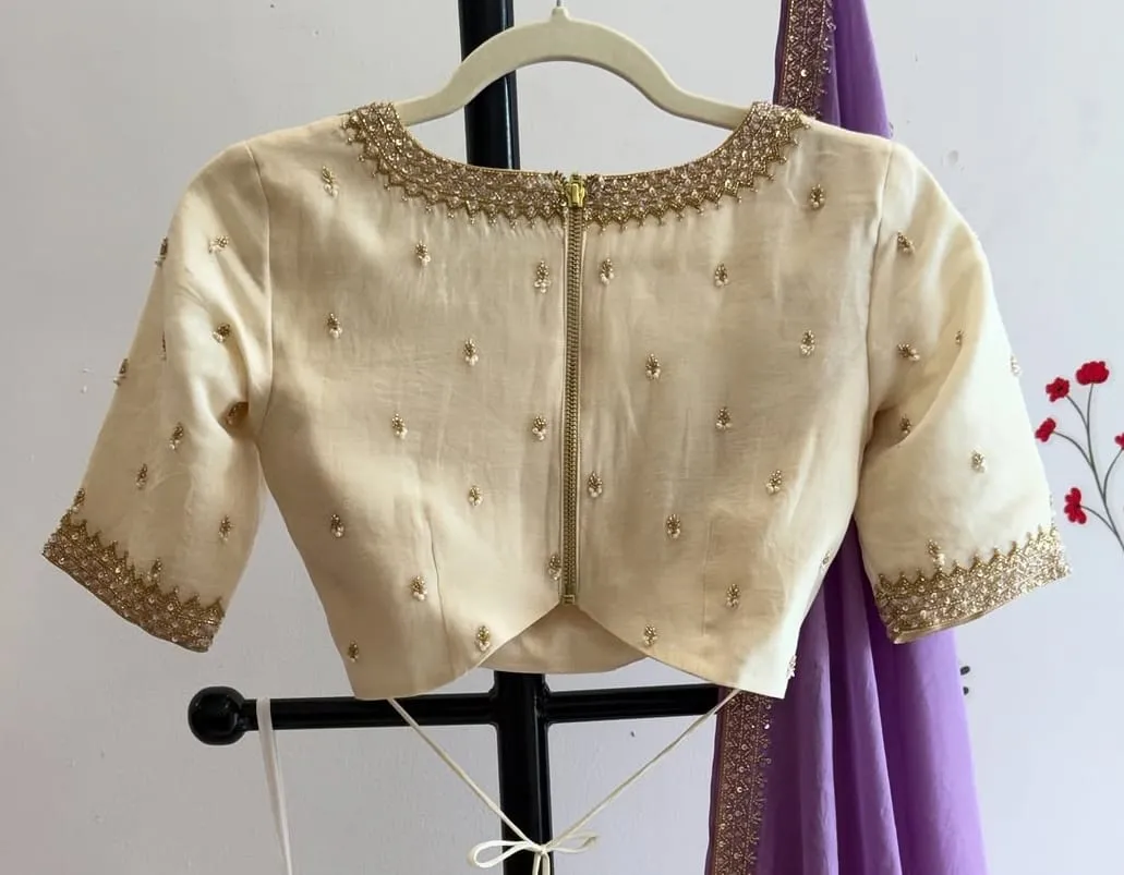 Off-White Raw Silk Readymade Saree Blouse with Hand Embroidered Pearl & Zardozi Work | Front Zip Boat Neck Blouse