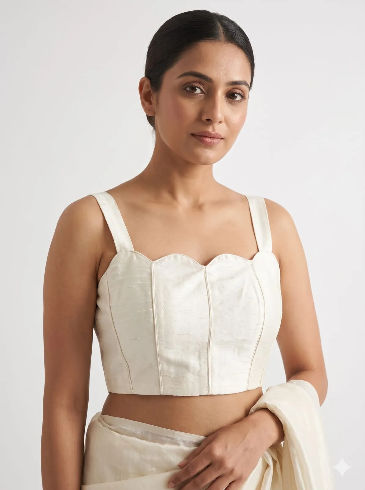 Off-White Raw Silk Scallop Neck Blouse Sleeveless Padded