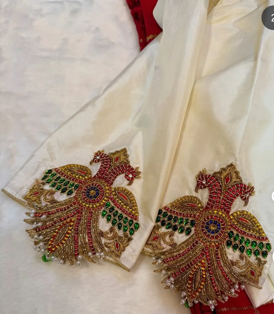Off-White Silk Saree Blouse with Grand Gandaberunda / Peacock Maggam Work | Padded Bridal Blouse with Cutout Back
