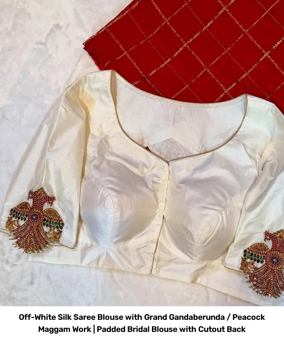 Off-White Silk Saree Blouse with Grand Gandaberunda / Peacock Maggam Work | Padded Bridal Blouse with Cutout Back 3