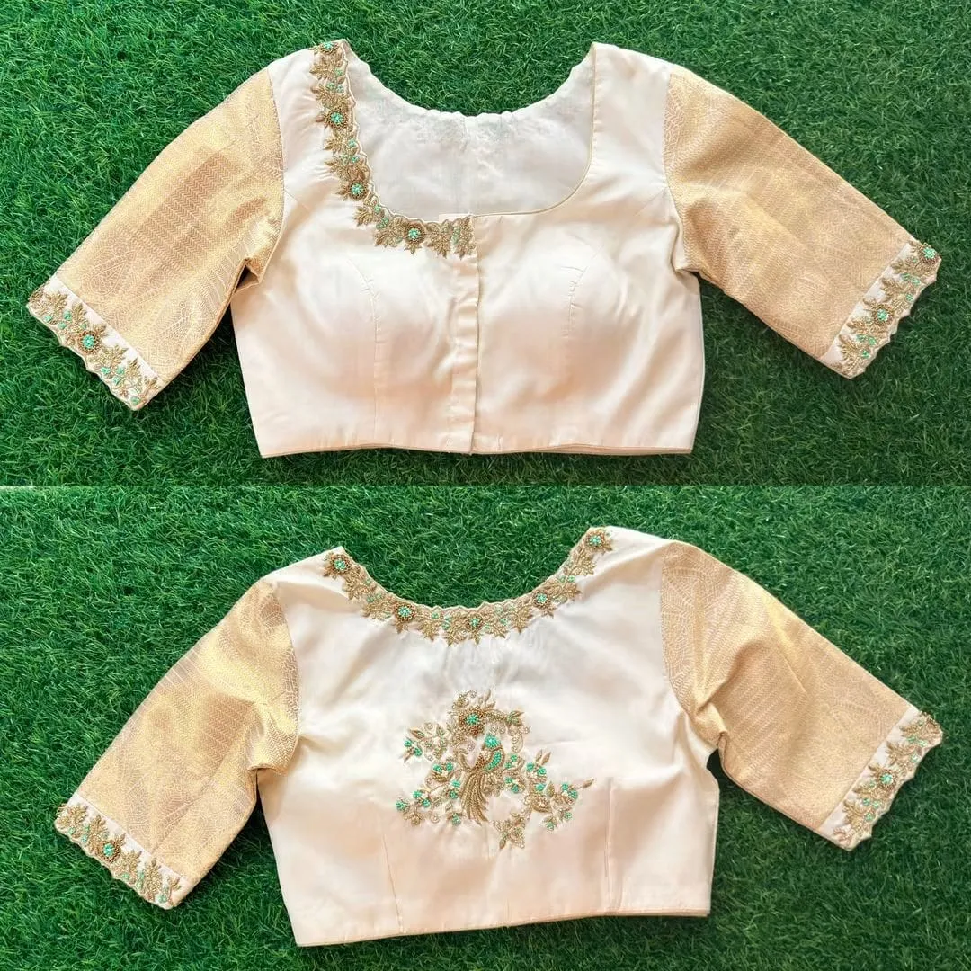 Off-White Silk Saree Blouse with Peacock Maggam Work | Asymmetric Neck Hand Embroidered Blouse