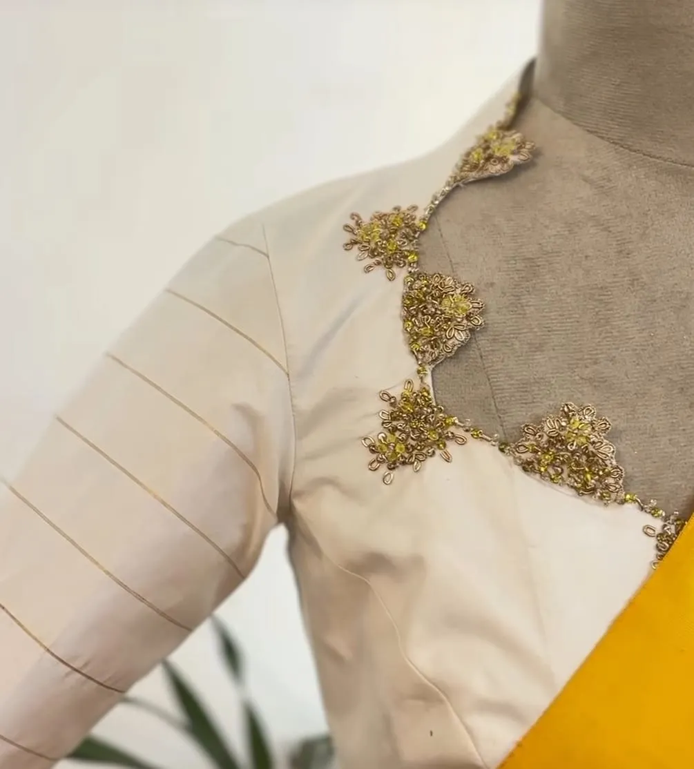 Off-White Zari Stripe Silk Blouse – Cutwork Scallop Collar Neck Maggam Bead Embroidery Saree Blouse Latest