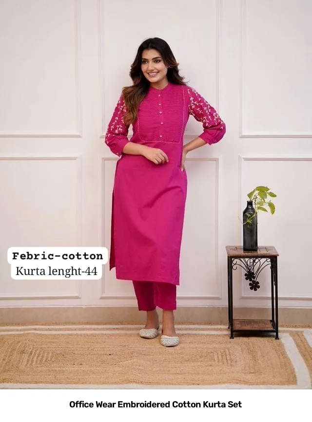 Office Wear Embroidered Cotton Kurta Set 12