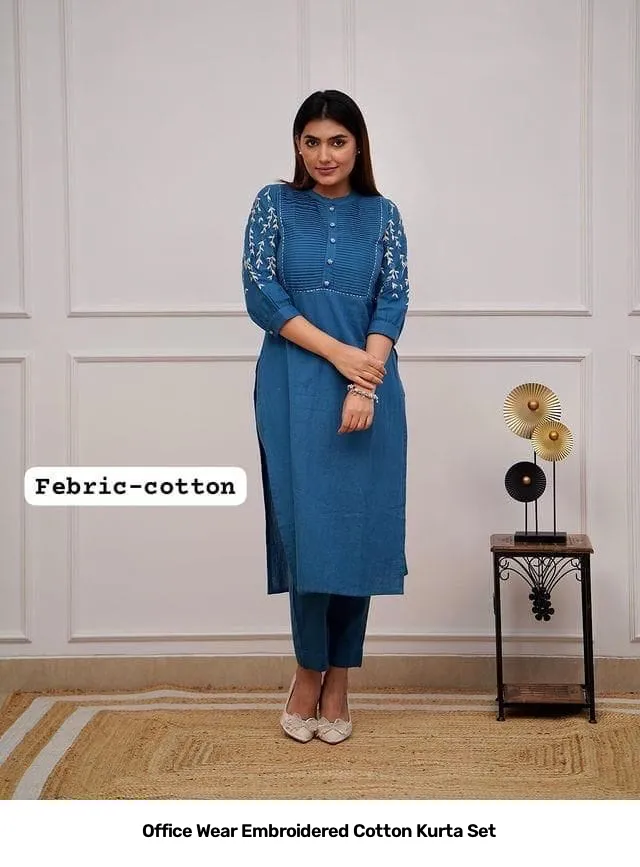 Office Wear Embroidered Cotton Kurta Set 13