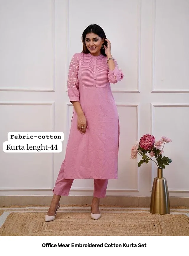 Office Wear Embroidered Cotton Kurta Set 15