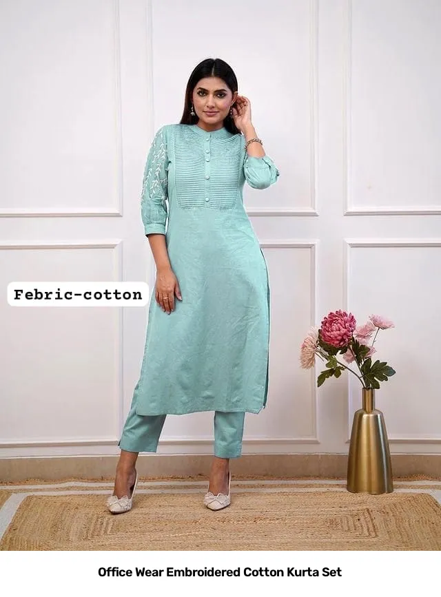 Office Wear Embroidered Cotton Kurta Set 17