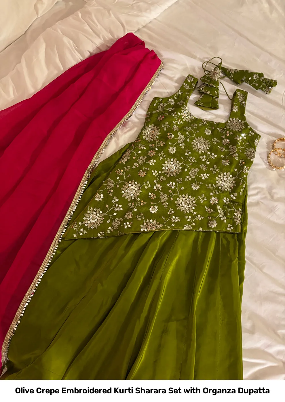 Olive Crepe Embroidered Kurti Sharara Set with Organza Dupatta 3