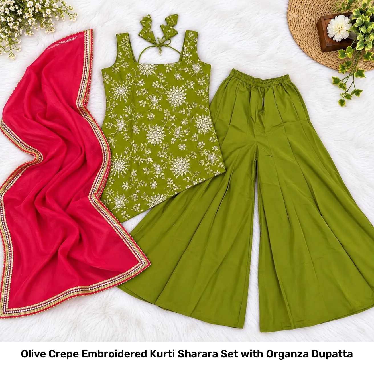 Olive Crepe Embroidered Kurti Sharara Set with Organza Dupatta 4