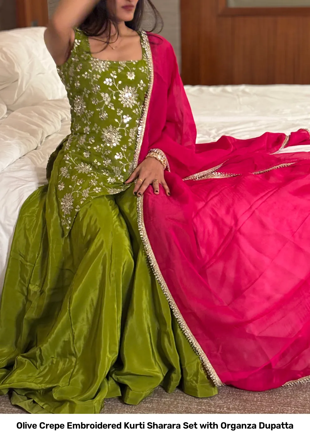 Olive Crepe Embroidered Kurti Sharara Set with Organza Dupatta 5