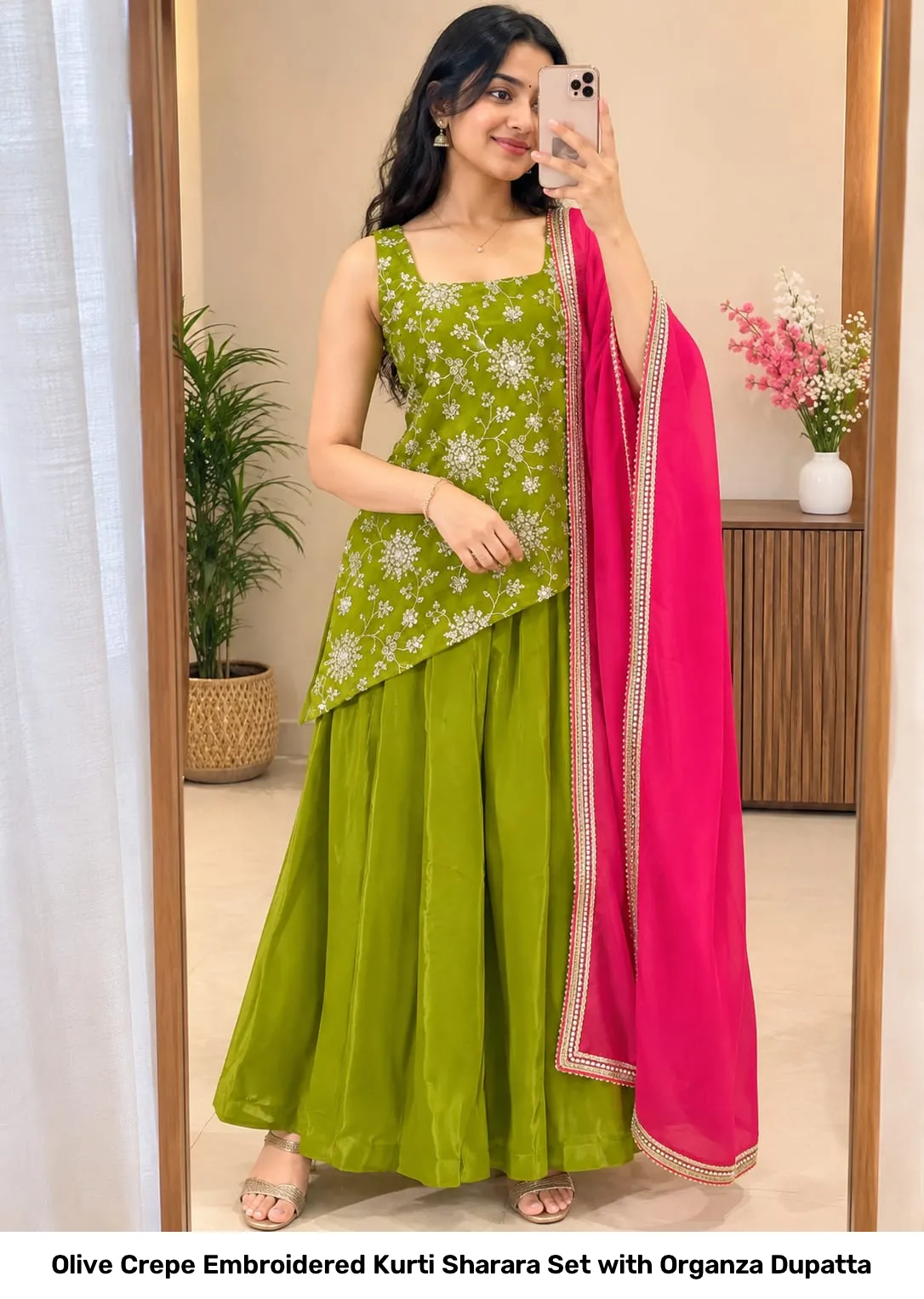 Olive Crepe Embroidered Kurti Sharara Set with Organza Dupatta 6