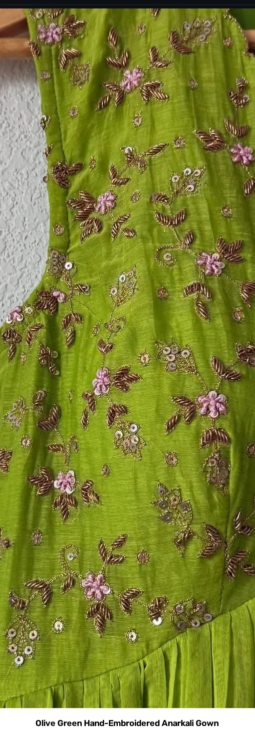 Olive Green Hand-Embroidered Anarkali Gown 2