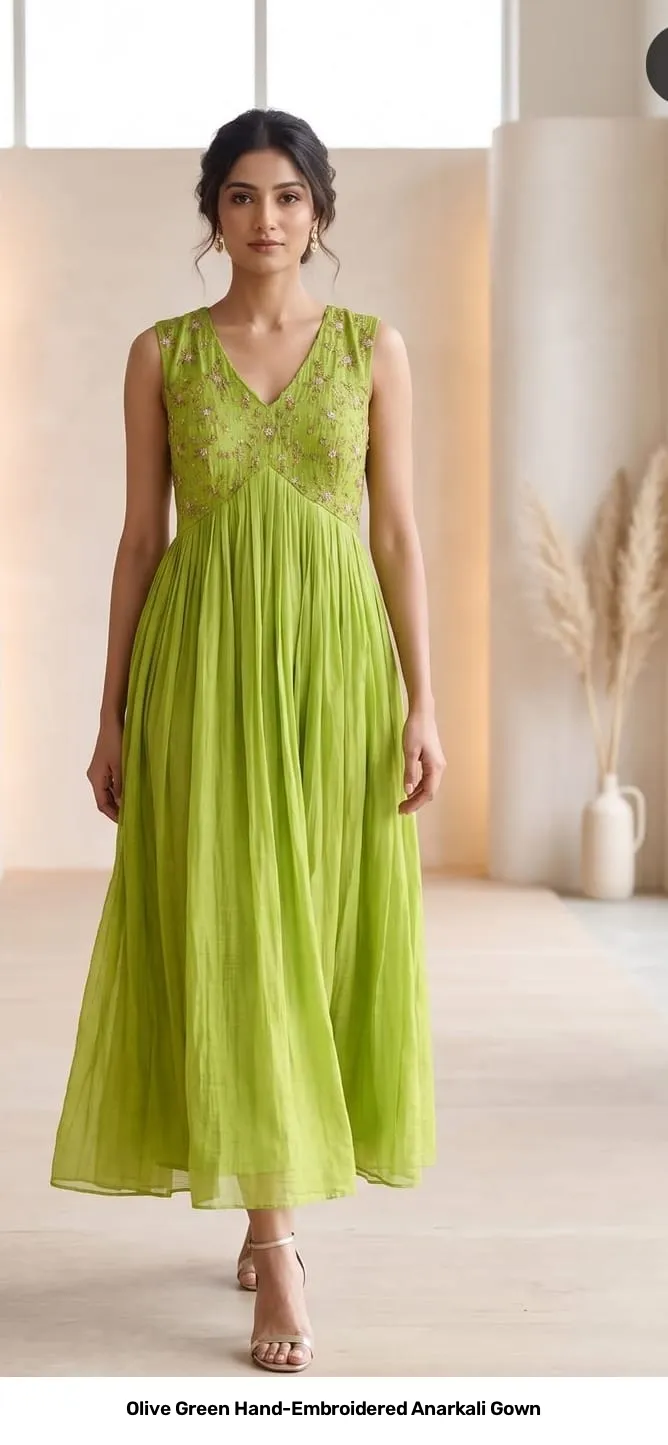 Olive Green Hand-Embroidered Anarkali Gown 3