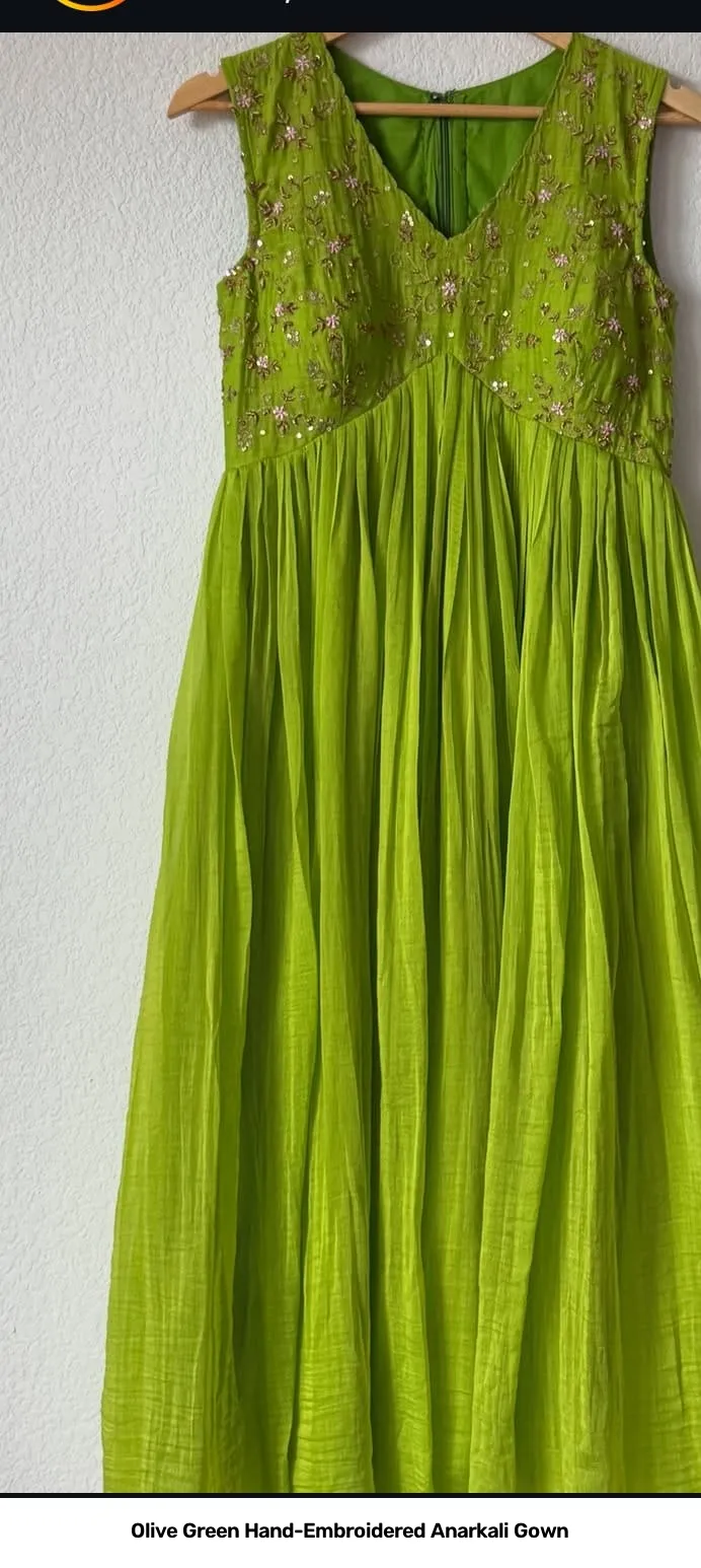 Olive Green Hand-Embroidered Anarkali Gown 4