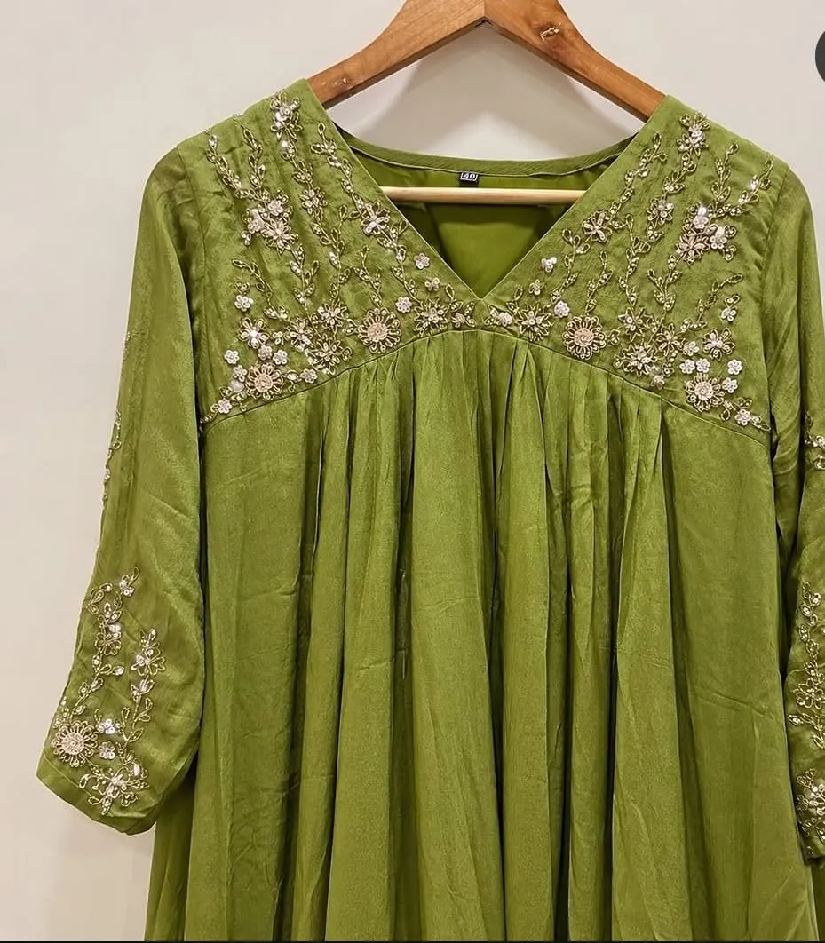 Olive Green Hand-Embroidered Anarkali Suit with Dupatta