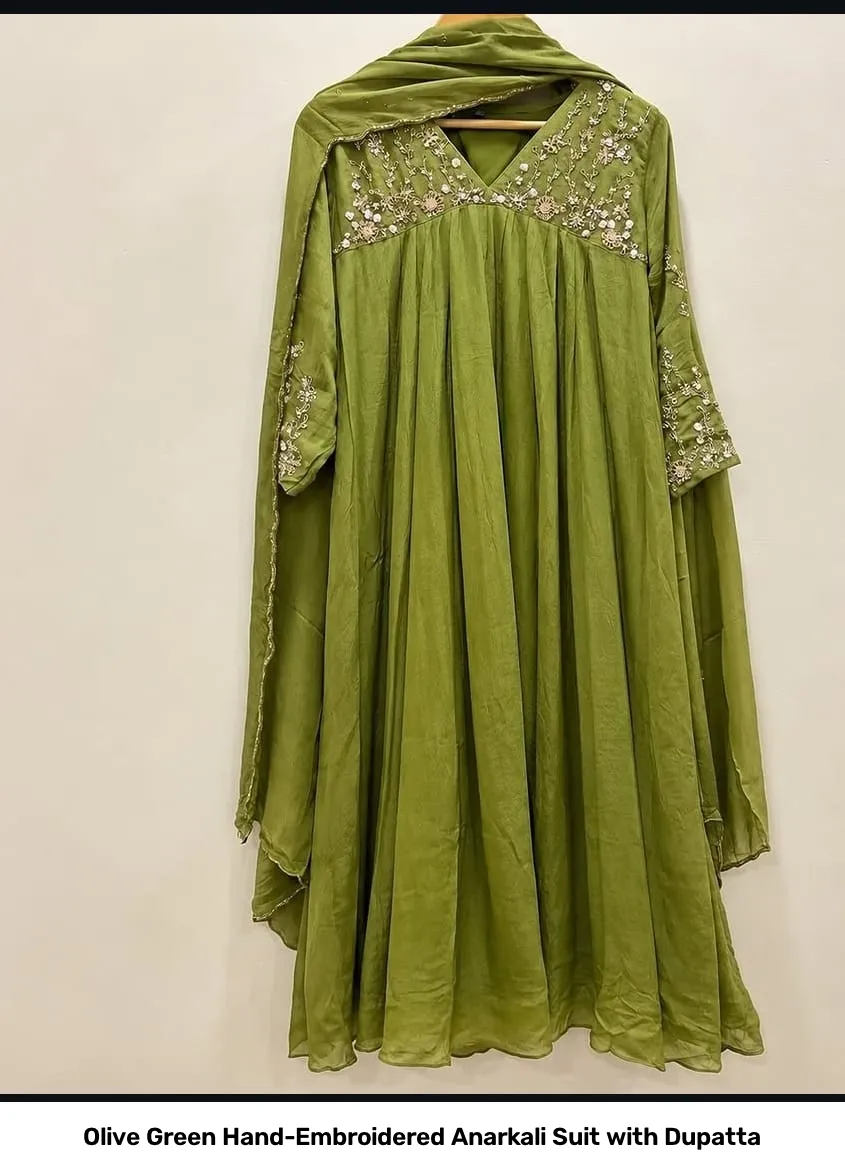 Olive Green Hand-Embroidered Anarkali Suit with Dupatta 2
