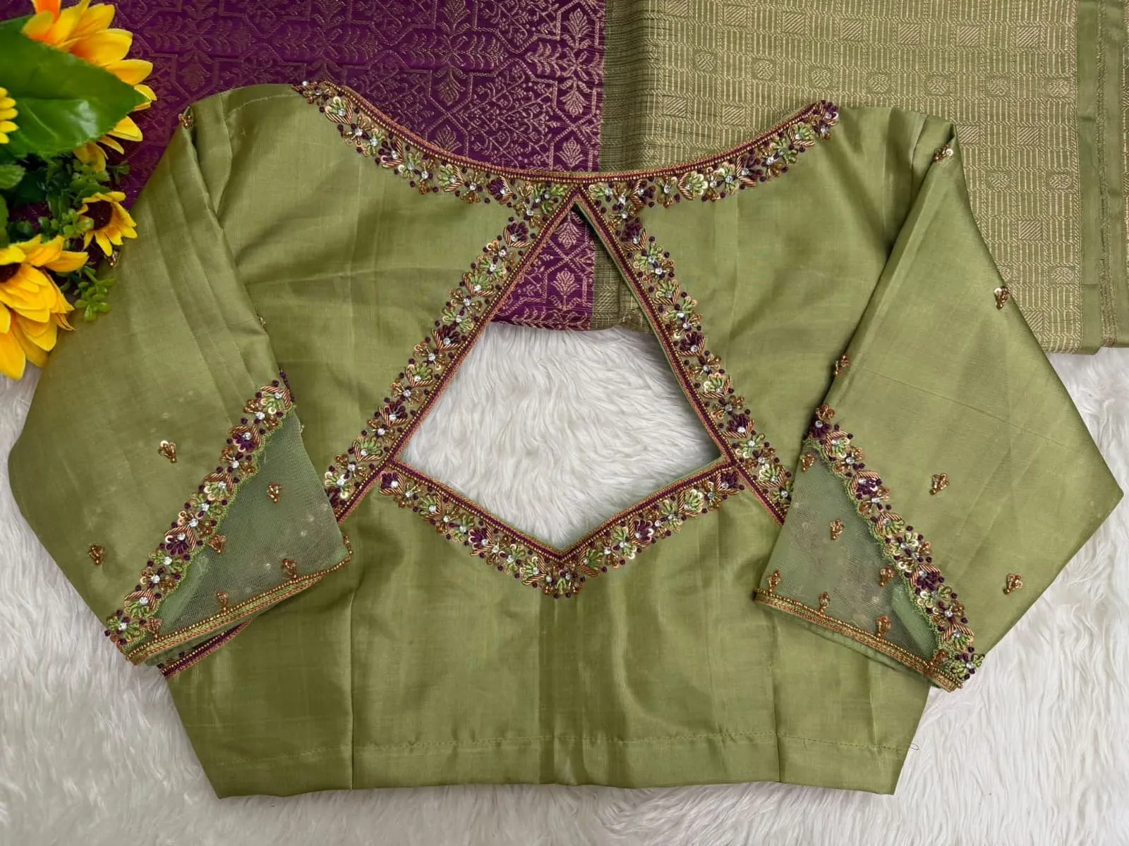 Olive Green Hand-Embroidered Maggam Work Blouse