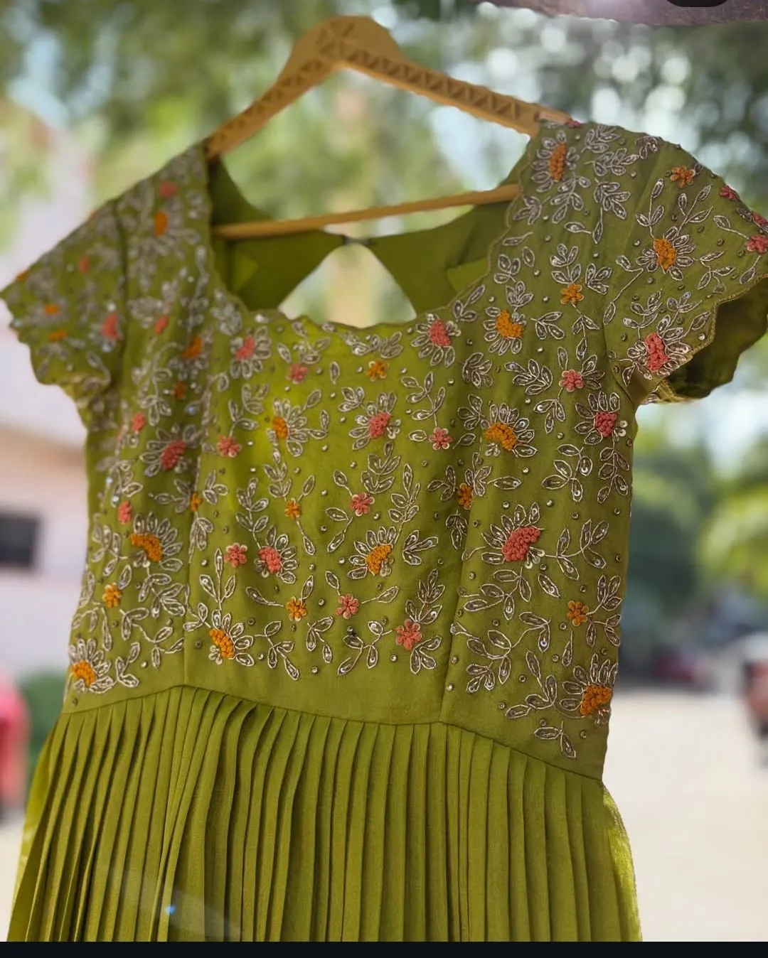 Olive Green Hand-Embroidered Yoke Pleated Gown