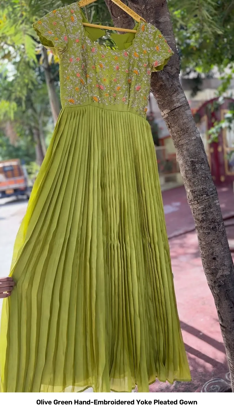 Olive Green Hand-Embroidered Yoke Pleated Gown 2