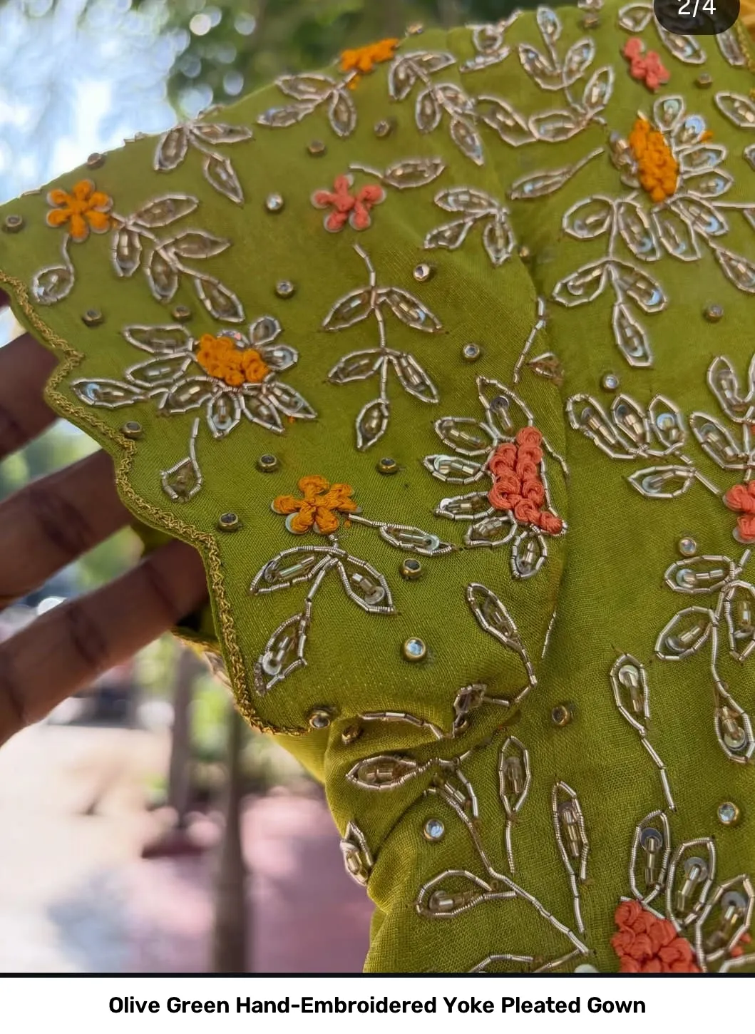 Olive Green Hand-Embroidered Yoke Pleated Gown 3
