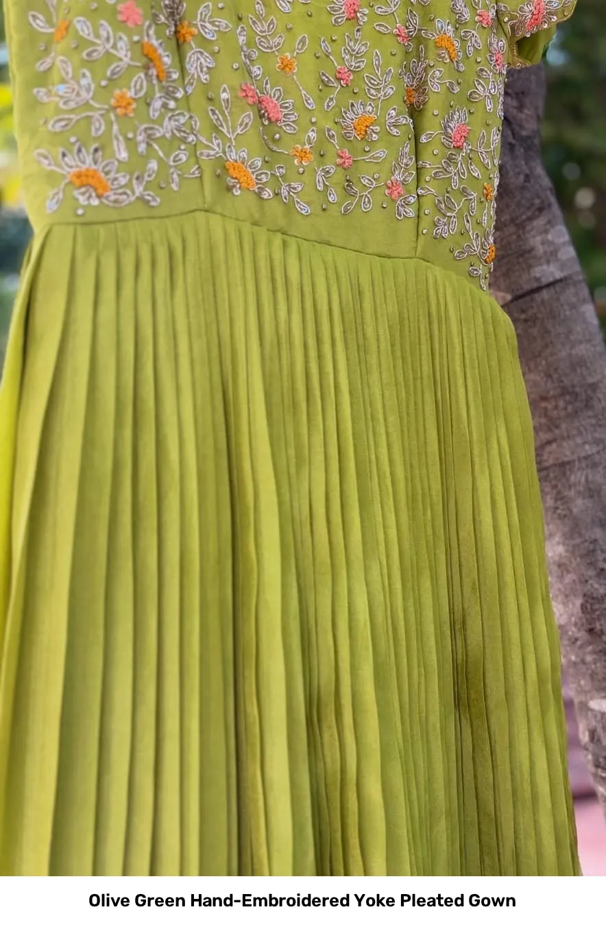 Olive Green Hand-Embroidered Yoke Pleated Gown 4