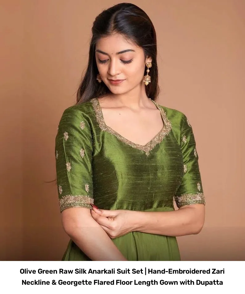 Olive Green Raw Silk Anarkali Suit Set | Hand-Embroidered Zari Neckline & Georgette Flared Floor Length Gown with Dupatta 2