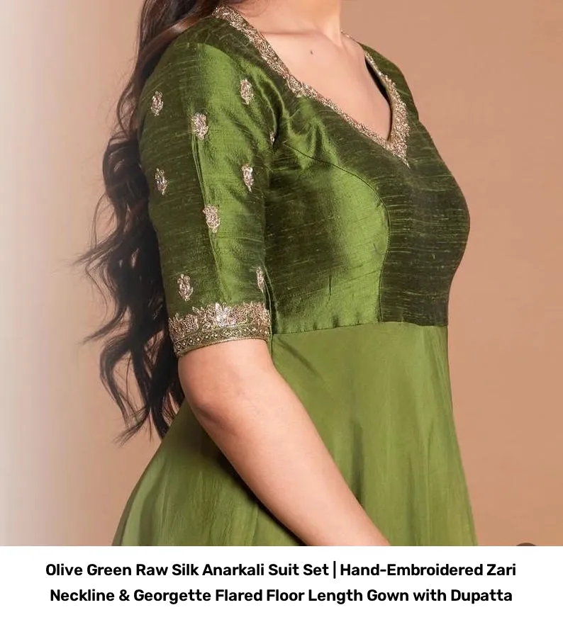 Olive Green Raw Silk Anarkali Suit Set | Hand-Embroidered Zari Neckline & Georgette Flared Floor Length Gown with Dupatta 3