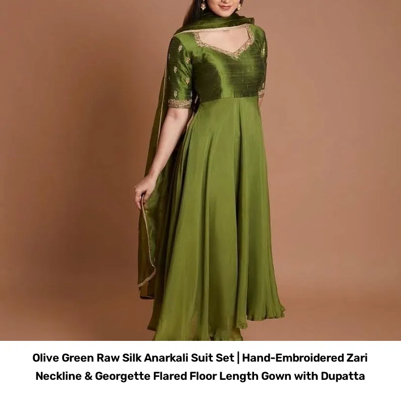 Olive Green Raw Silk Anarkali Suit Set | Hand-Embroidered Zari Neckline & Georgette Flared Floor Length Gown with Dupatta 4