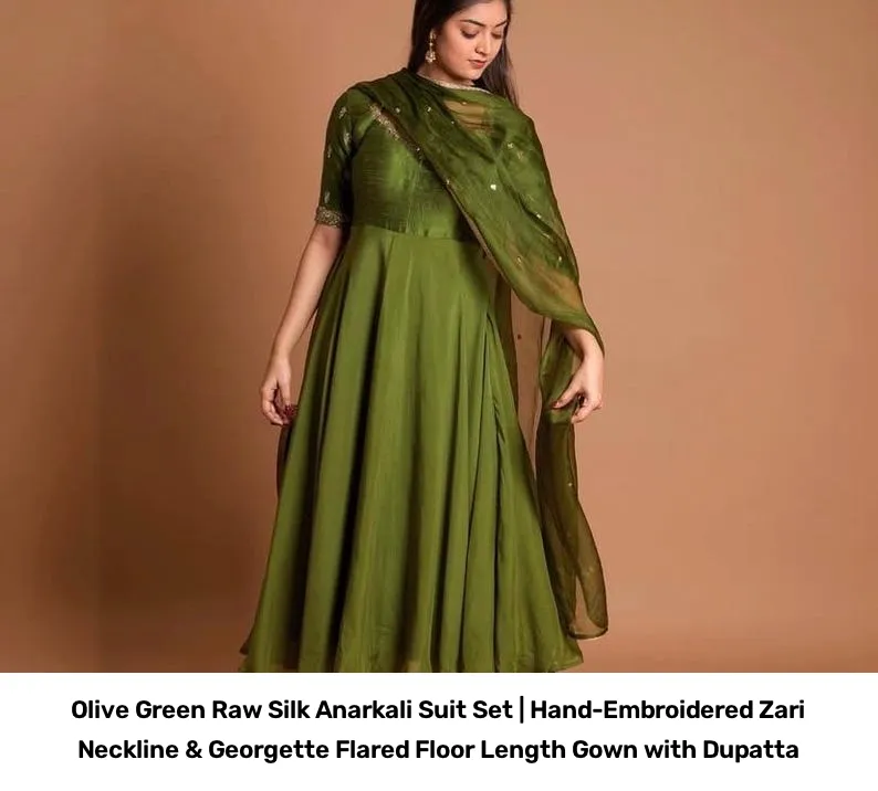 Olive Green Raw Silk Anarkali Suit Set | Hand-Embroidered Zari Neckline & Georgette Flared Floor Length Gown with Dupatta 5