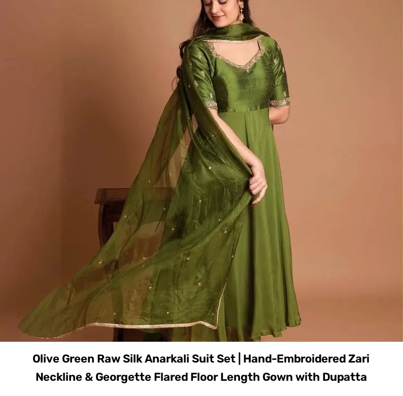 Olive Green Raw Silk Anarkali Suit Set | Hand-Embroidered Zari Neckline & Georgette Flared Floor Length Gown with Dupatta 8