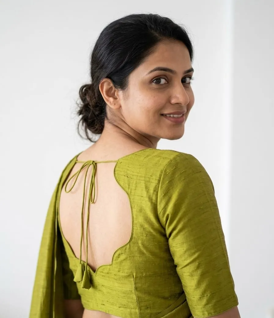Olive Green Raw Silk Cutout Neck Blouse