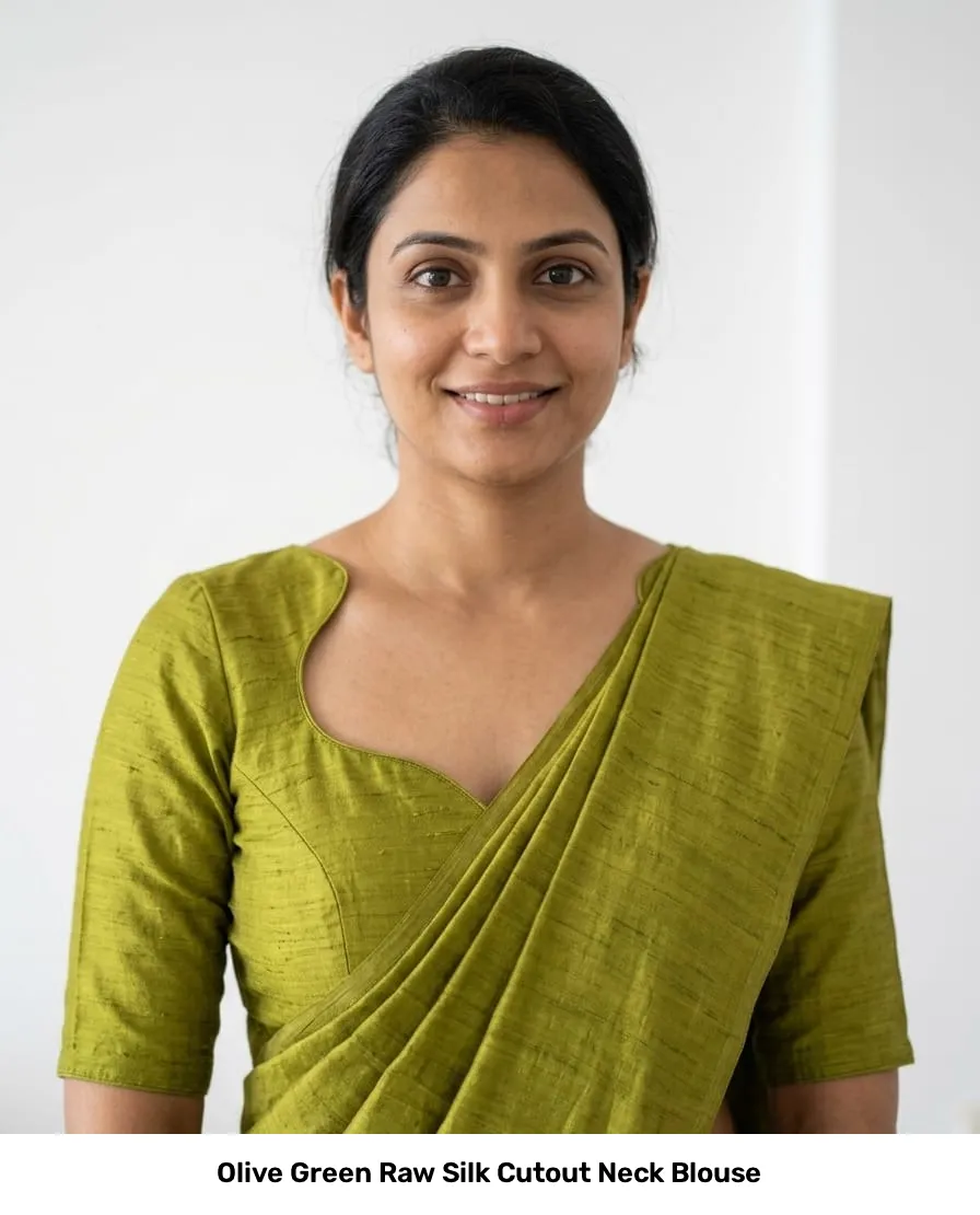 Olive Green Raw Silk Cutout Neck Blouse 2