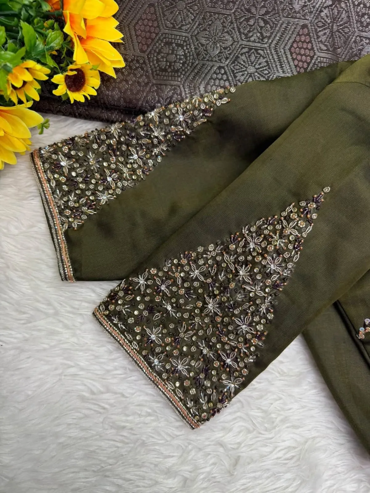 Olive Green Raw Silk Maggam Work Bridal Blouse