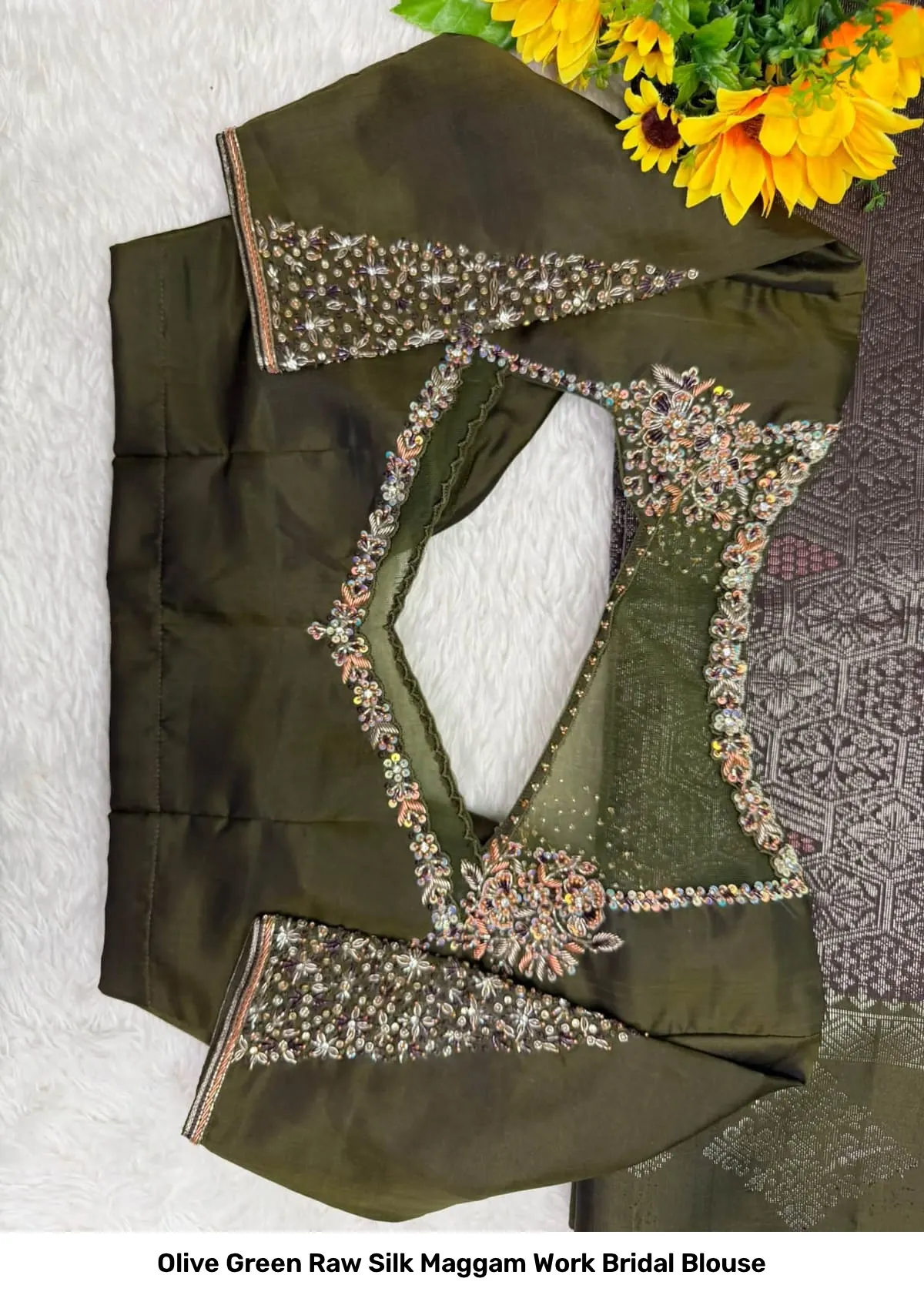 Olive Green Raw Silk Maggam Work Bridal Blouse 2