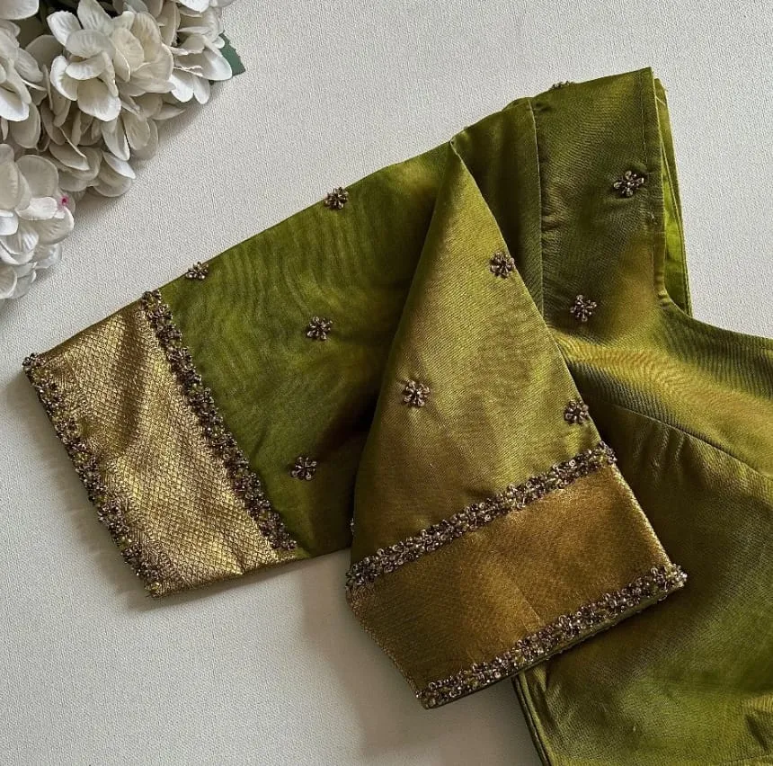 Olive Green Raw Silk Readymade Blouse Wholesale | Sweetheart Neck All Over Butti Stitched Silk Blouse with Zari Border Sleeves