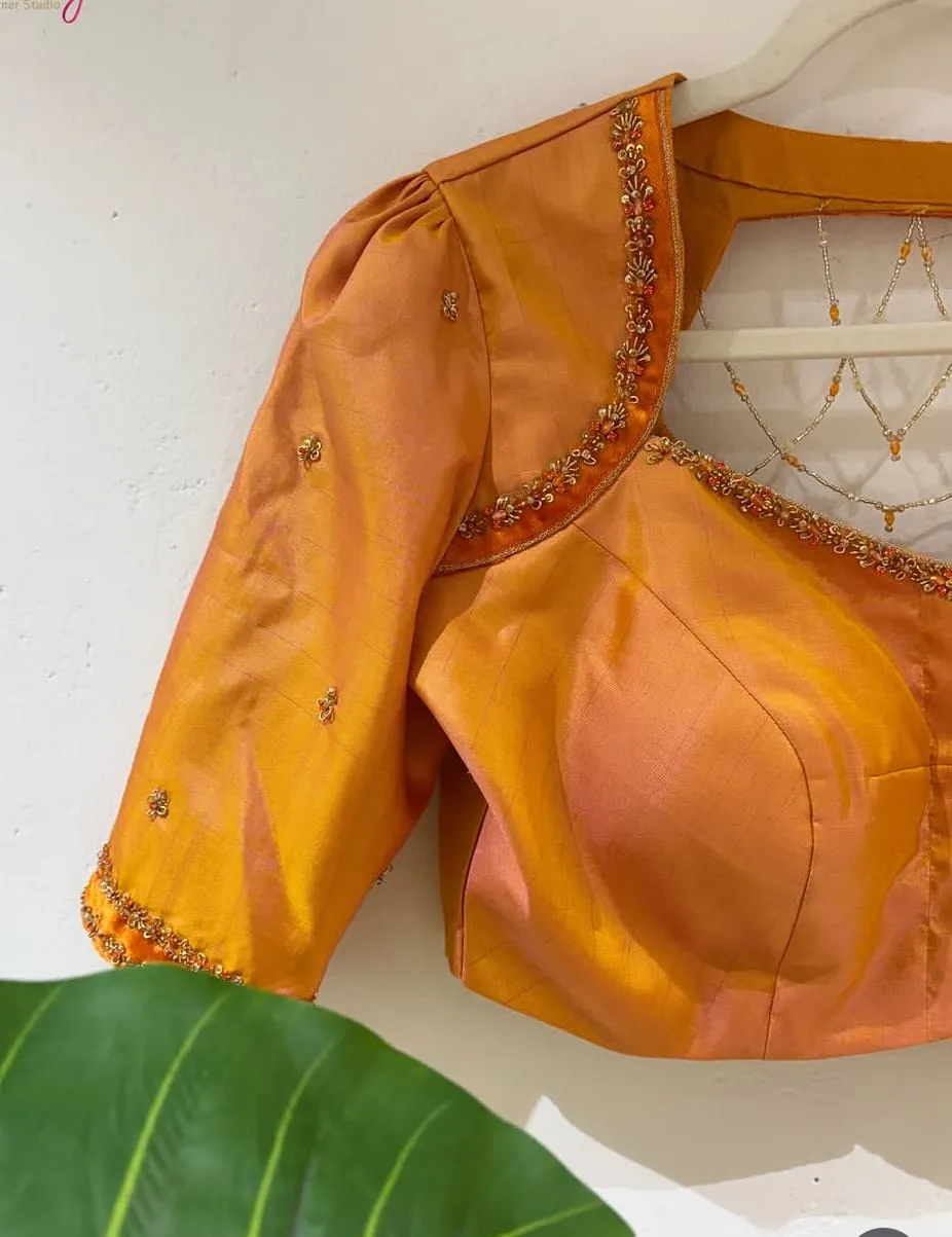 Orange Pink Dual Tone Silk Blouse | Gold Aari Hand Embroidery Buttis | Heart Shape Cut Out Back with Bead Chain Detail | Puff Sleeves | Custom Stitched