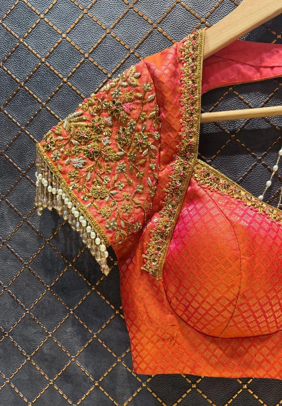 Orange Pink Pattu Blouse | Handcrafted Gold Aari Work | Pearl Tassel Back | Wedding Wear